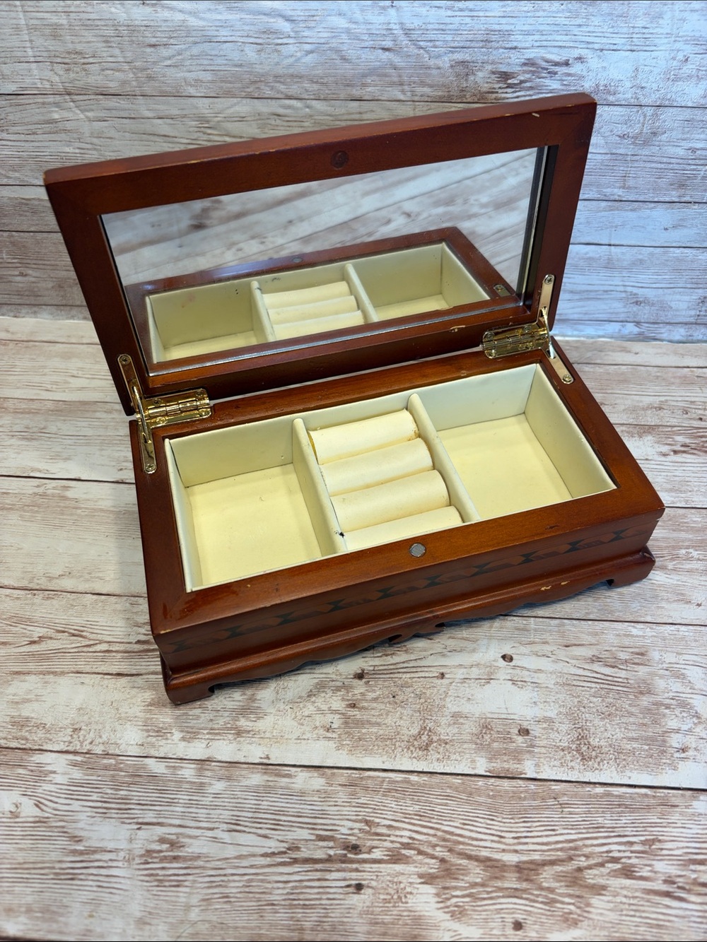 Wooden Jewelry Box with Mirror - Brown & Cream